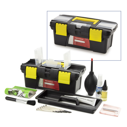 Microscope maintenance and servicing kit, 16pcs: cleaning brush, 6 pcs screwdriver set, air blower, 3 pcs Allen key, 1.5, 2, 2.5 mm, lens cleaning fluid 20 ml, cleaning cloth 140 x 140 mm, 100 pcs Lens tissue sheets, tube of maintenance grease, 10 ml bottle of oil, packed in a nice toolbox PB.5276