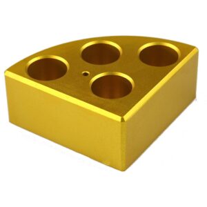 Aluminum Gold quarter reaction block, 4 holes 16ml reaction vessel 21.6mm dia x 31.7mm depth